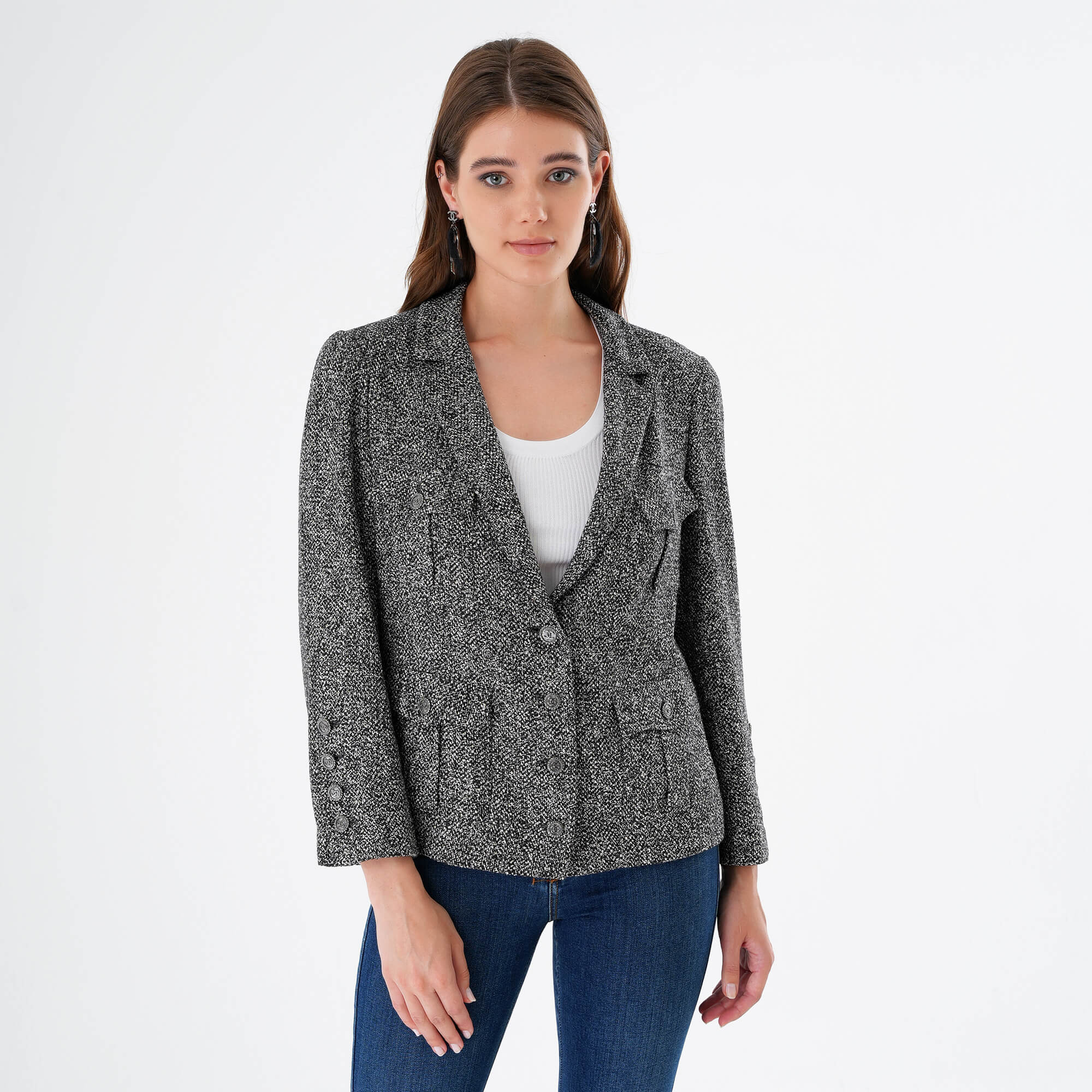 Chanel - 07P 2007 Navy Silk Tweed Blazer Jacket FR46